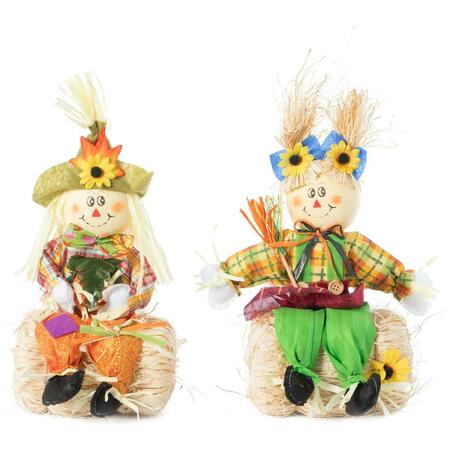 INVERNACULO Scarecrow Boy & Girl Sitting on a Hay Bale Decor - Multi Color, 2PK IN3171995